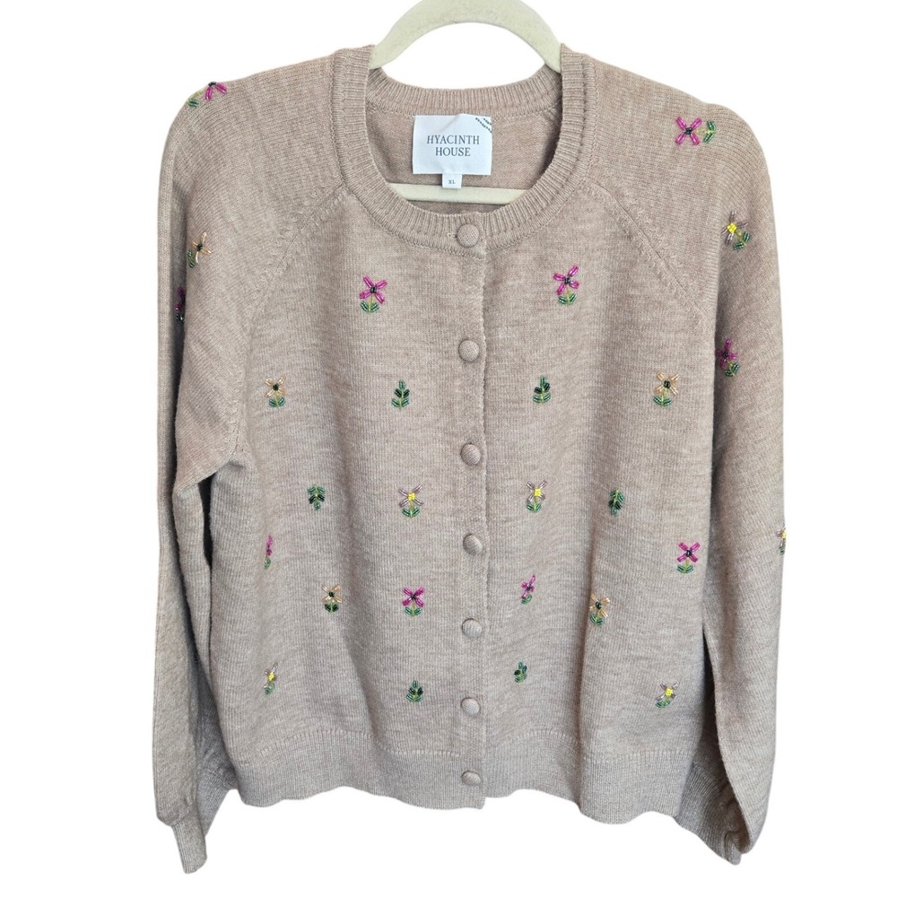 Tuckernuck Hyacinth House Tan Cardigan Sweater Elsie Embellished Bead Floral XL